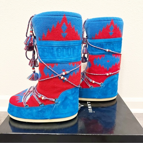 NEW ALANUI X MOON BOOT Icon Knit Jacquard Red Azure Wool Boots Size 8-9.5 - Picture 14 of 16
